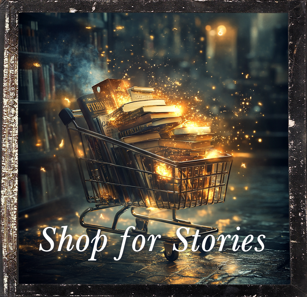 a magical shopping cart filled with glowing books