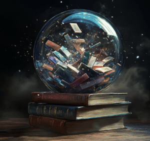 a crystal orb filled with stories atop a stack of books