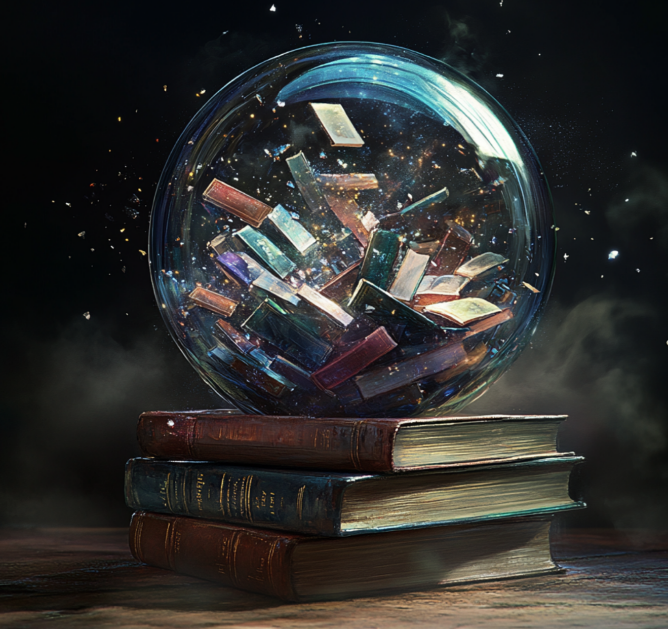 a crystal orb filled with stories atop a stack of books
