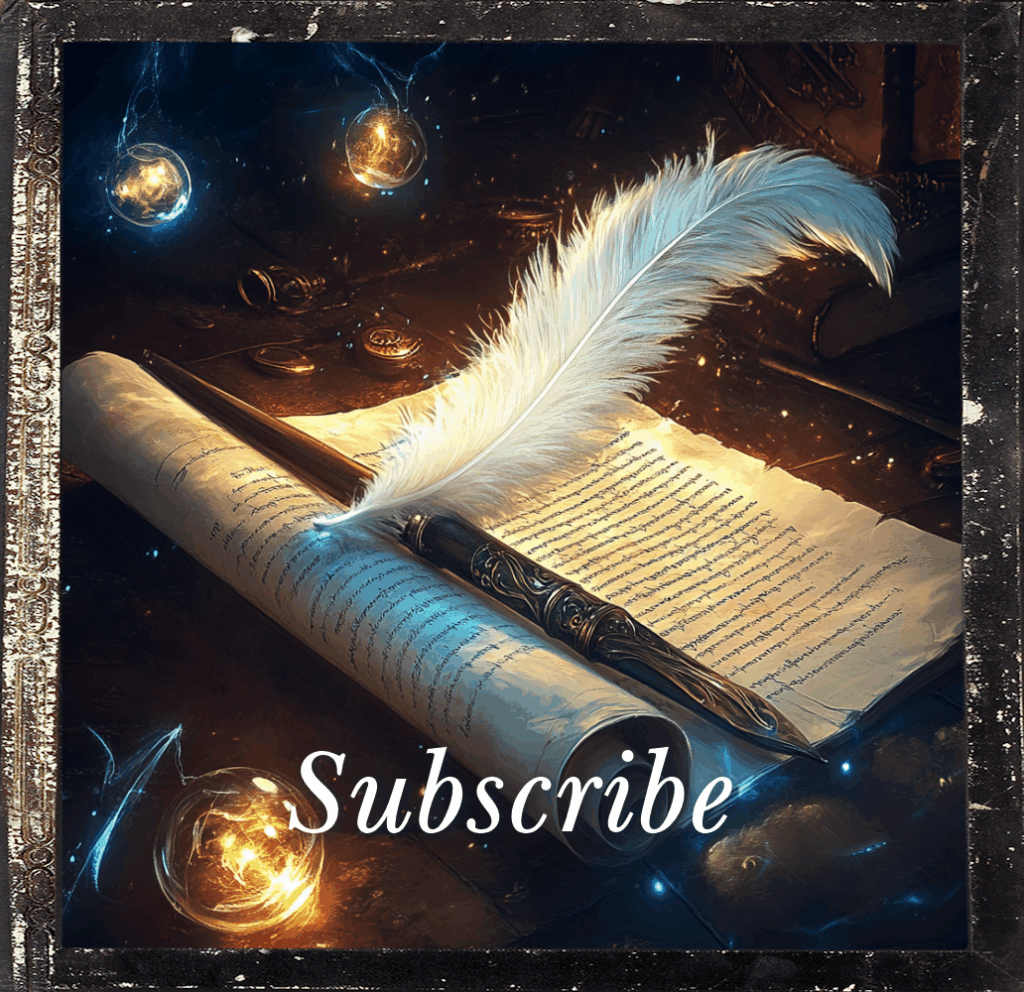 a roll of parchment and an ornate pin and white feather, Subscribe