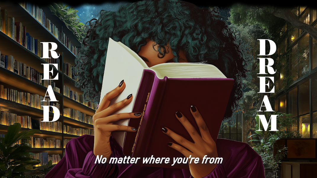 a woman with a book before her face and the words, READ and DREAM