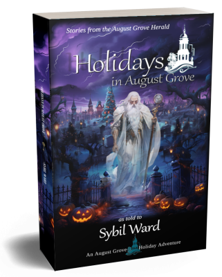 book cover, Father Time in a graveyard at night with jack-o-lanterns. Holidays in August Grove