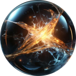 A crystal orb with a story being born at its core, colors blue and orange